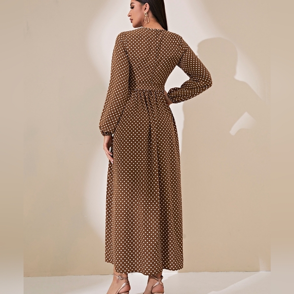 Polka Dot Print Lantern Sleeve Belted Dress - Picture 4 of 4